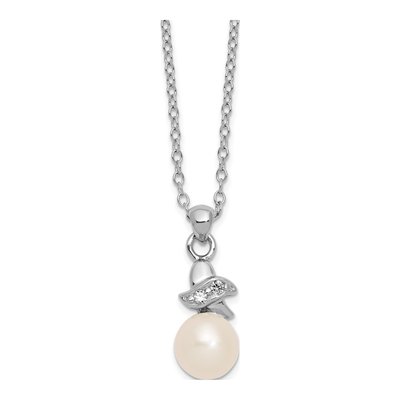 Sterling Silver Freshwater Cultured Pearl & CZ Button Necklace