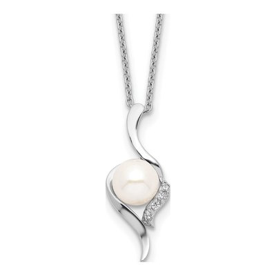 Sterling Silver Freshwater Cultured Pearl & CZ Semi-Round Necklace