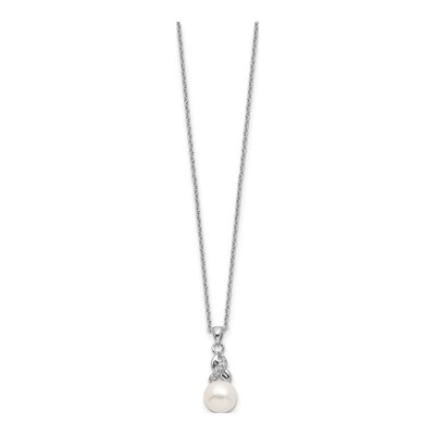 Sterling Silver Freshwater Cultured Pearl & CZ Near-Round Necklace – view 3