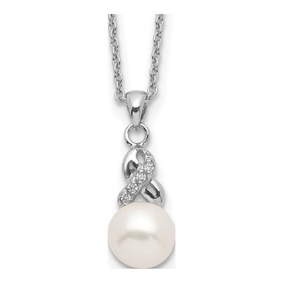 Sterling Silver Freshwater Cultured Pearl & CZ Near-Round Necklace