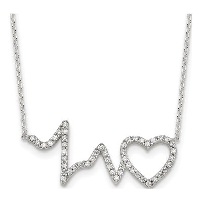 Sterling Silver CZ Heartbeat Pendant Necklace