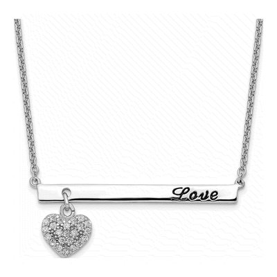 Sterling Silver CZ LOVE Bar Heart Pendant Necklace