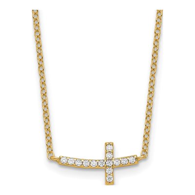 Gold-Plated Sterling Silver CZ Sideways Cross Pendant Necklace