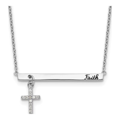 Sterling Silver CZ Cross Faith Bar Pendant Necklace