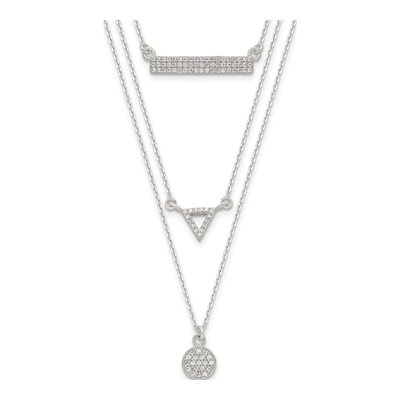 Sterling Silver CZ Circle Triangle Bar 3-Strand Pendant Necklace