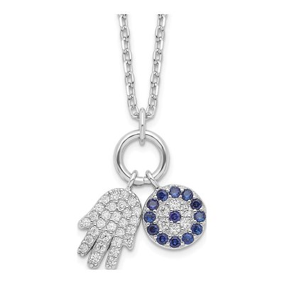 Sterling Silver CZ Hamsa Eye Pendant Necklace