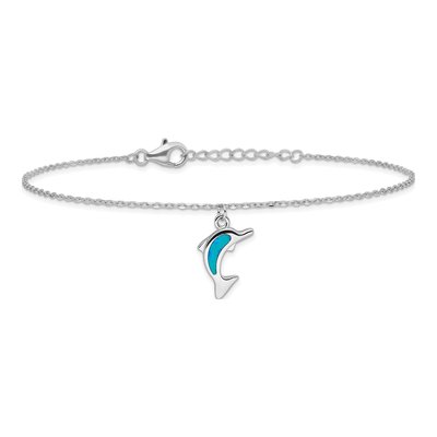 Sterling Silver Lab-Created Opal Dolphin Anklet – view 4