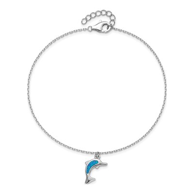 Sterling Silver Lab-Created Opal Dolphin Anklet – view 6