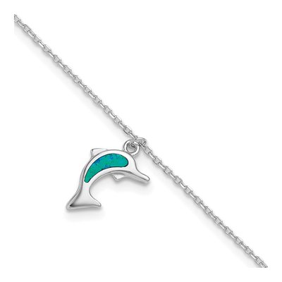 Sterling Silver Lab-Created Opal Dolphin Anklet