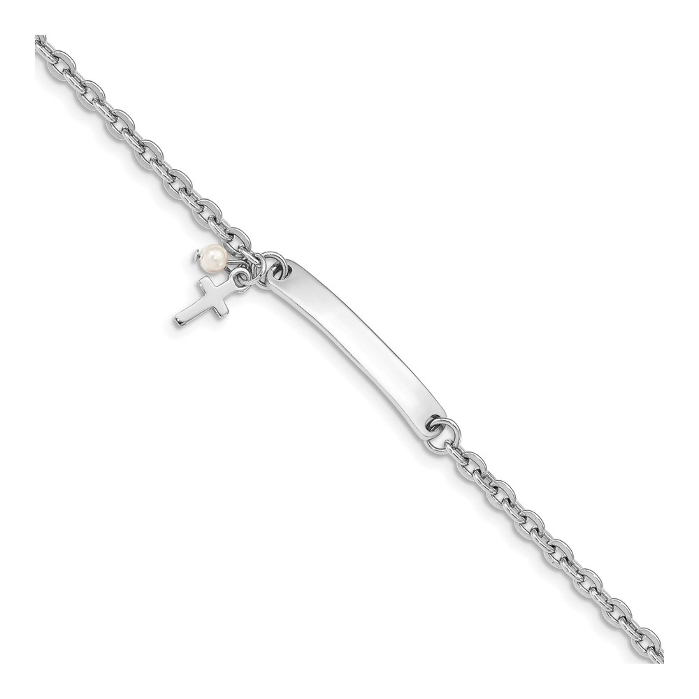 Sterling Silver Cross Pearl ID Bracelet