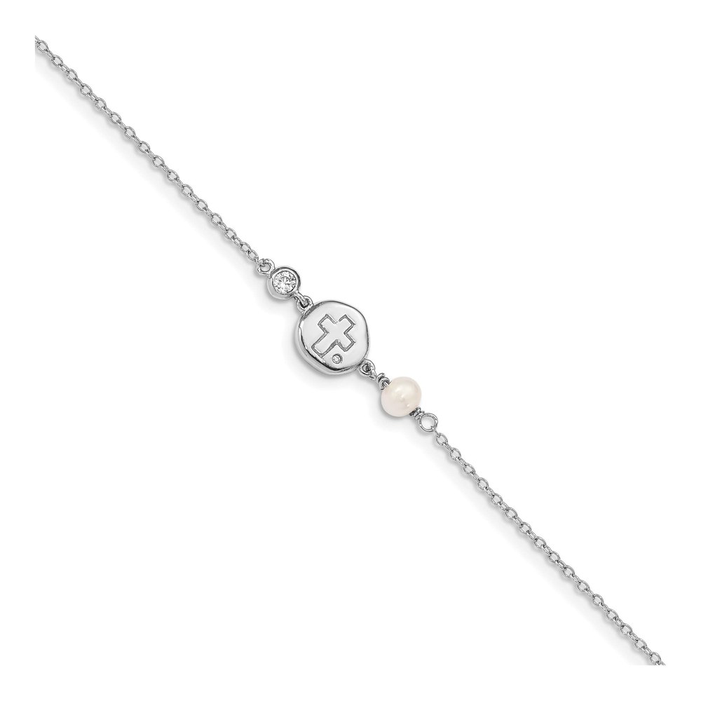 Sterling Silver CZ Cross & Pearl Charm Bracelet