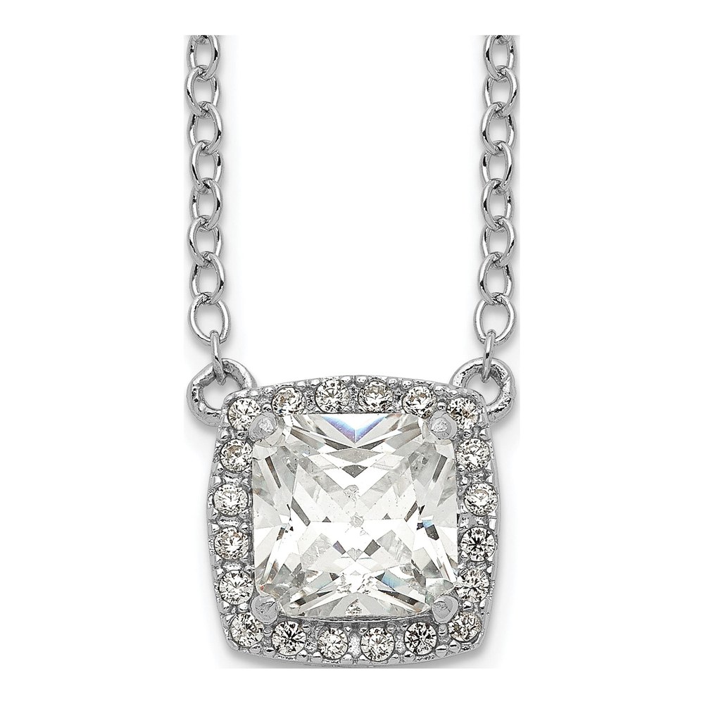 Sterling Silver Rhodium-Plated Square Cz Halo W/1In Ext Necklace
