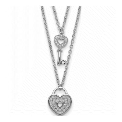 Sterling Silver CZ Heart Lock Key Pendant Necklace