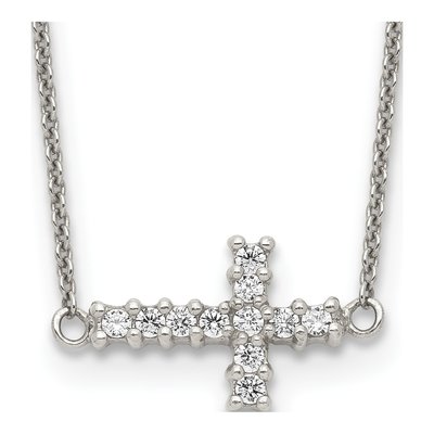 Sterling Silver CZ Sideways Cross Pendant Necklace