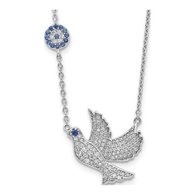 Sterling Silver Blue Clear CZ Dove Pendant Necklace