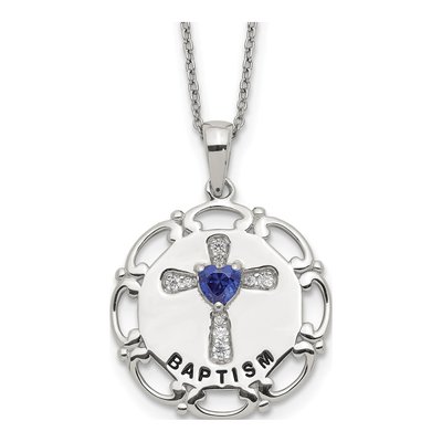 Sterling Silver Blue Clear CZ Cross Pendant Necklace
