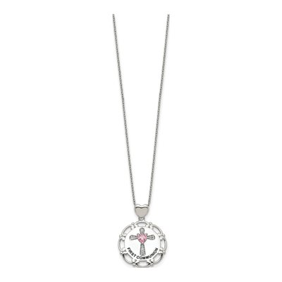Sterling Silver Pink Clear CZ Cross Pendant Necklace – view 3