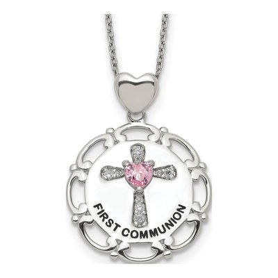 Sterling Silver Pink Clear CZ Cross Pendant Necklace