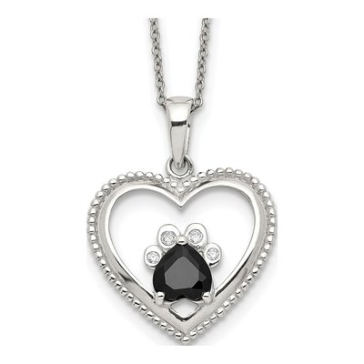 Sterling Silver CZ Heart Paw Print Pendant Necklace