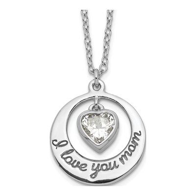 Sterling Silver I Love You Mom CZ Heart Pendant Necklace