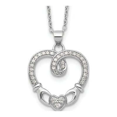 Sterling Silver Claddagh Heart CZ Pendant Necklace