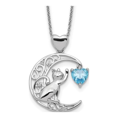 Sterling Silver Cat Moon CZ Pendant Necklace