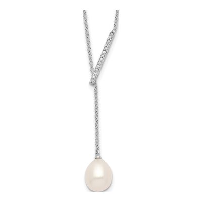 Sterling Silver CZ Bar & Pearl Necklace, 16in +2in