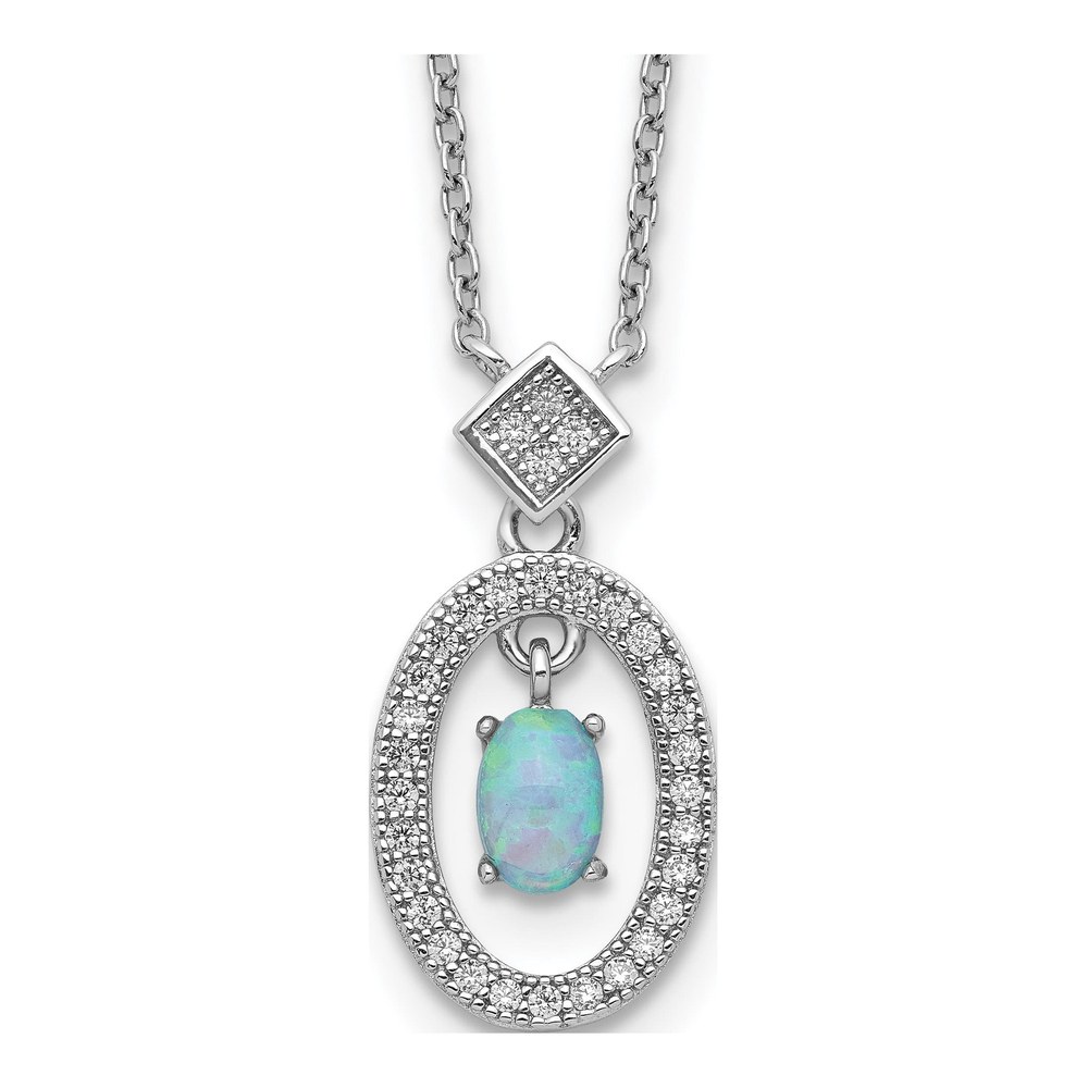 Sterling Silver CZ Opal Oval Dangle Pendant Necklace