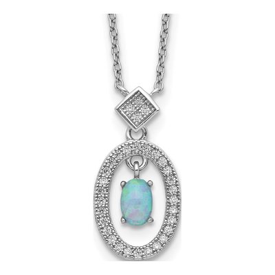 Sterling Silver CZ Opal Oval Dangle Pendant Necklace