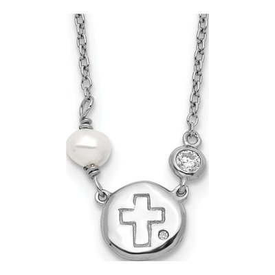 Sterling Silver CZ Cross Pearl Necklace
