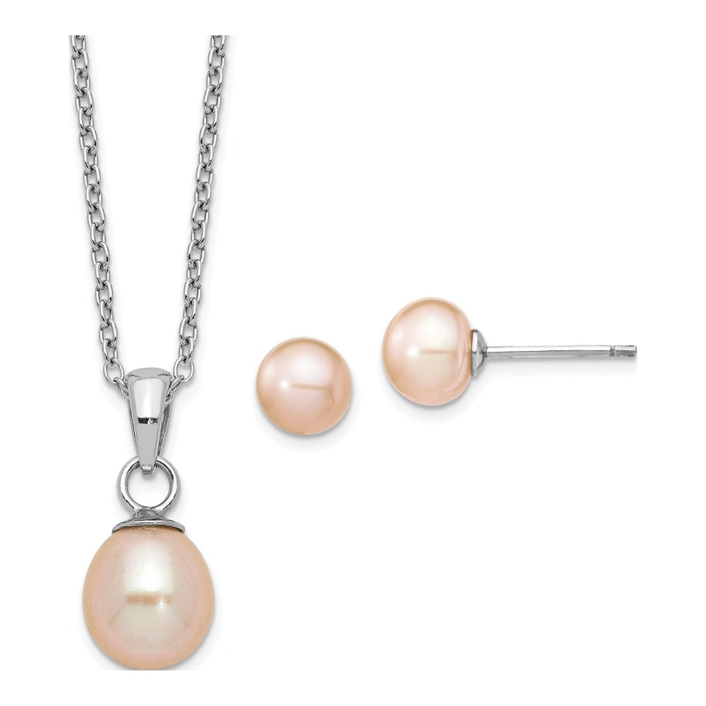 Sterling Silver Pink Pearl Necklace & Earring Set