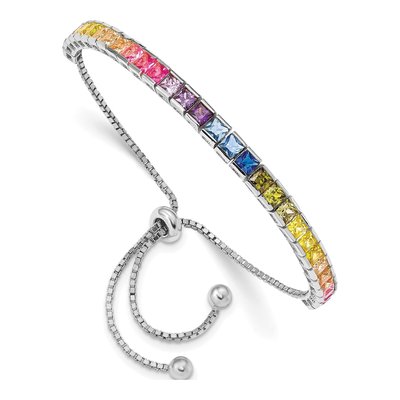 Sterling Silver CZ Channel-Set Colorful Adjustable Bolo Bracelet