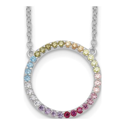 Sterling Silver CZ Multi-Cz Open Circle Pendant Necklace