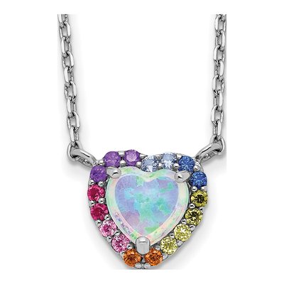 Sterling Silver Lab-Created Opal & CZ Heart Pendant Necklace