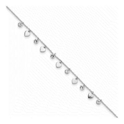 Sterling Silver CZ Heart Anklet | 8.75in +1in Ext