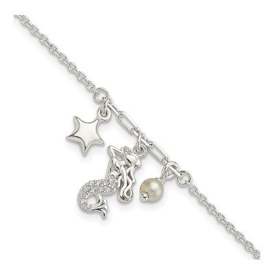 Sterling Silver Simulated Pearl & CZ Mermaid Star Bracelet
