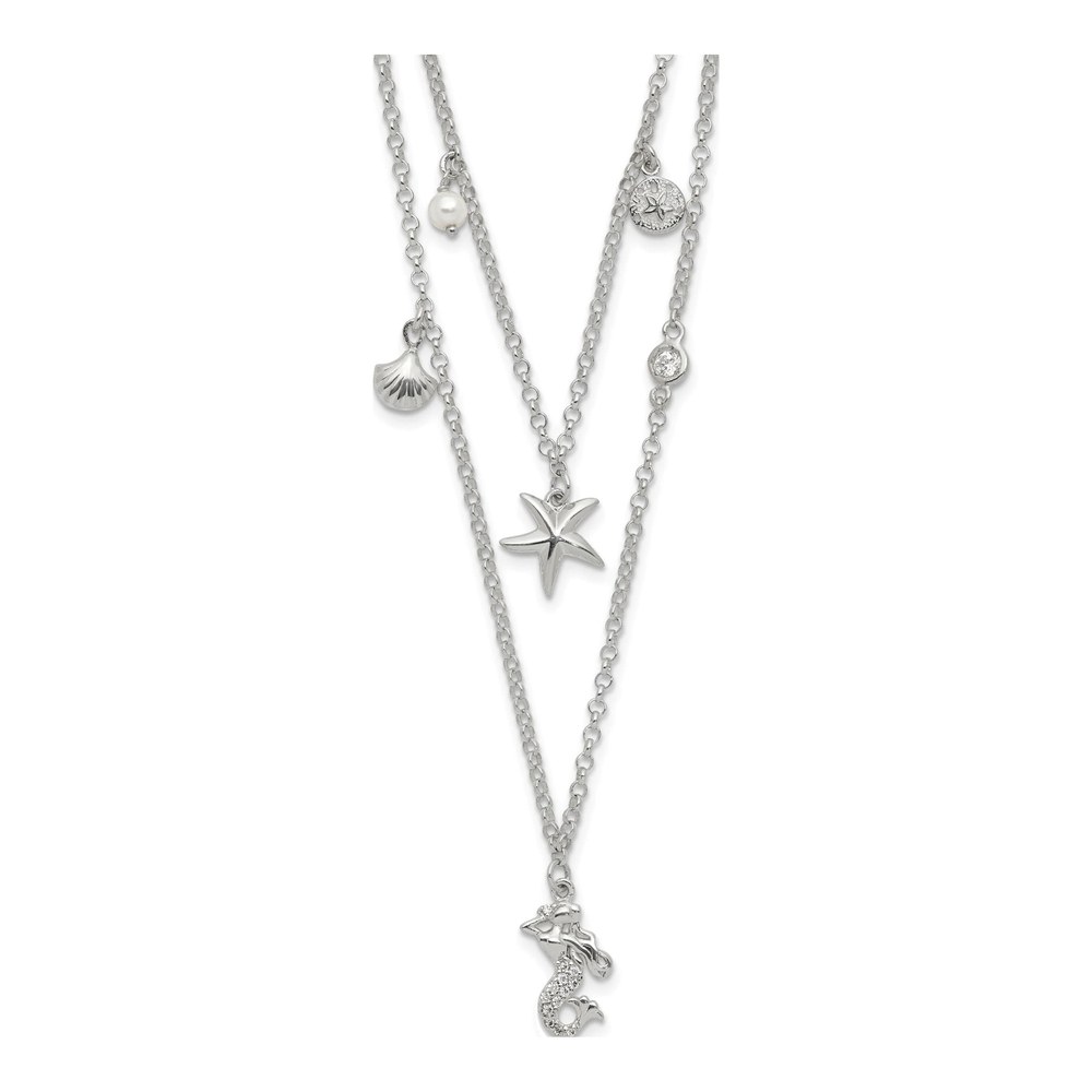 Sterling Silver CZ Pearl Beach Theme 2-Strand Necklace