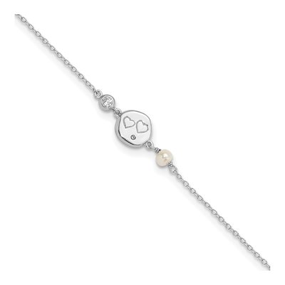 Sterling Silver Freshwater Cultured Pearl & CZ Heart Station Bracelet