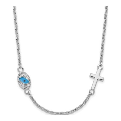 Sterling Silver CZ Cross Eye Pendant Necklace