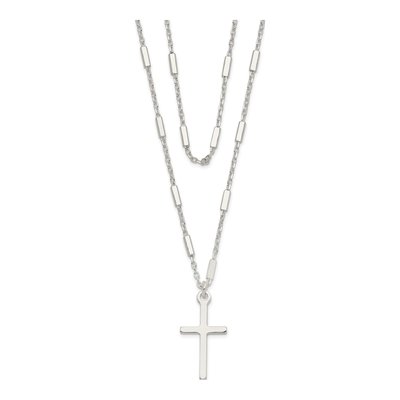 Sterling Silver Fancy Cross Double Strand Pendant Necklace