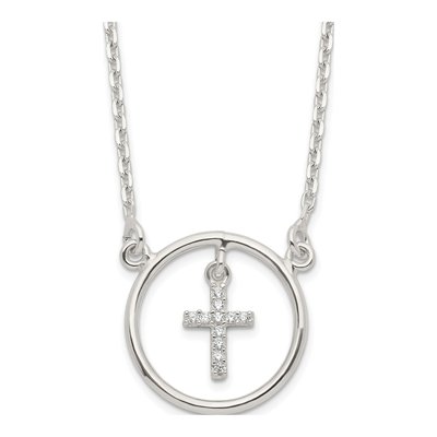Sterling Silver CZ Cross Circle Pendant Necklace