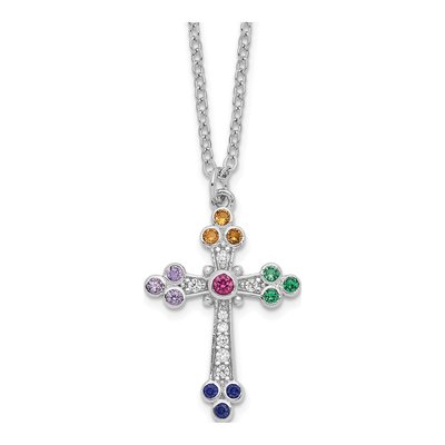Sterling Silver CZ Multi-Color Cross Pendant Necklace