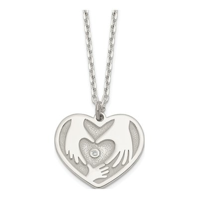 Sterling Silver CZ Hands Heart Pendant Necklace