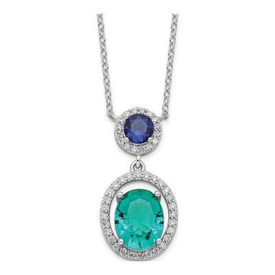 Sterling Silver CZ Glass Dangle Pendant Necklace