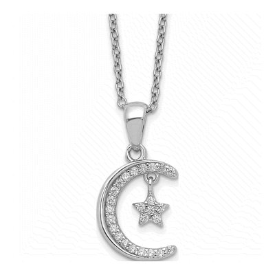 Sterling Silver CZ Moon Star Pendant Necklace