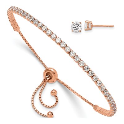 Sterling Silver Rose-Tone CZ Bracelet & Earring Set