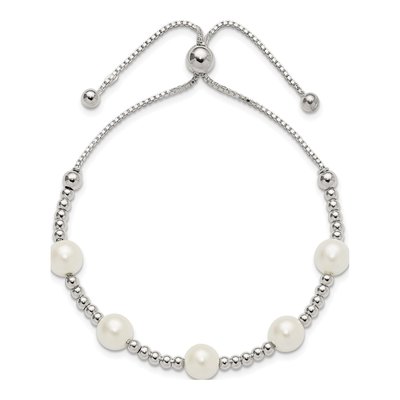 Sterling Silver Simulated Pearl Beaded Adjustable Bracelet – view 2