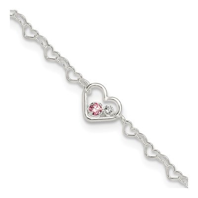 Sterling Silver CZ Heart Link Anklet