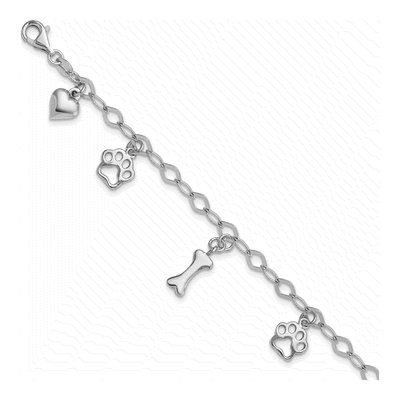 Sterling Silver Dog Bone Paw Heart Bracelet