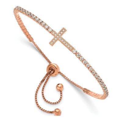 Rose Gold-Plated Sterling Silver CZ Sideways Cross Bracelet